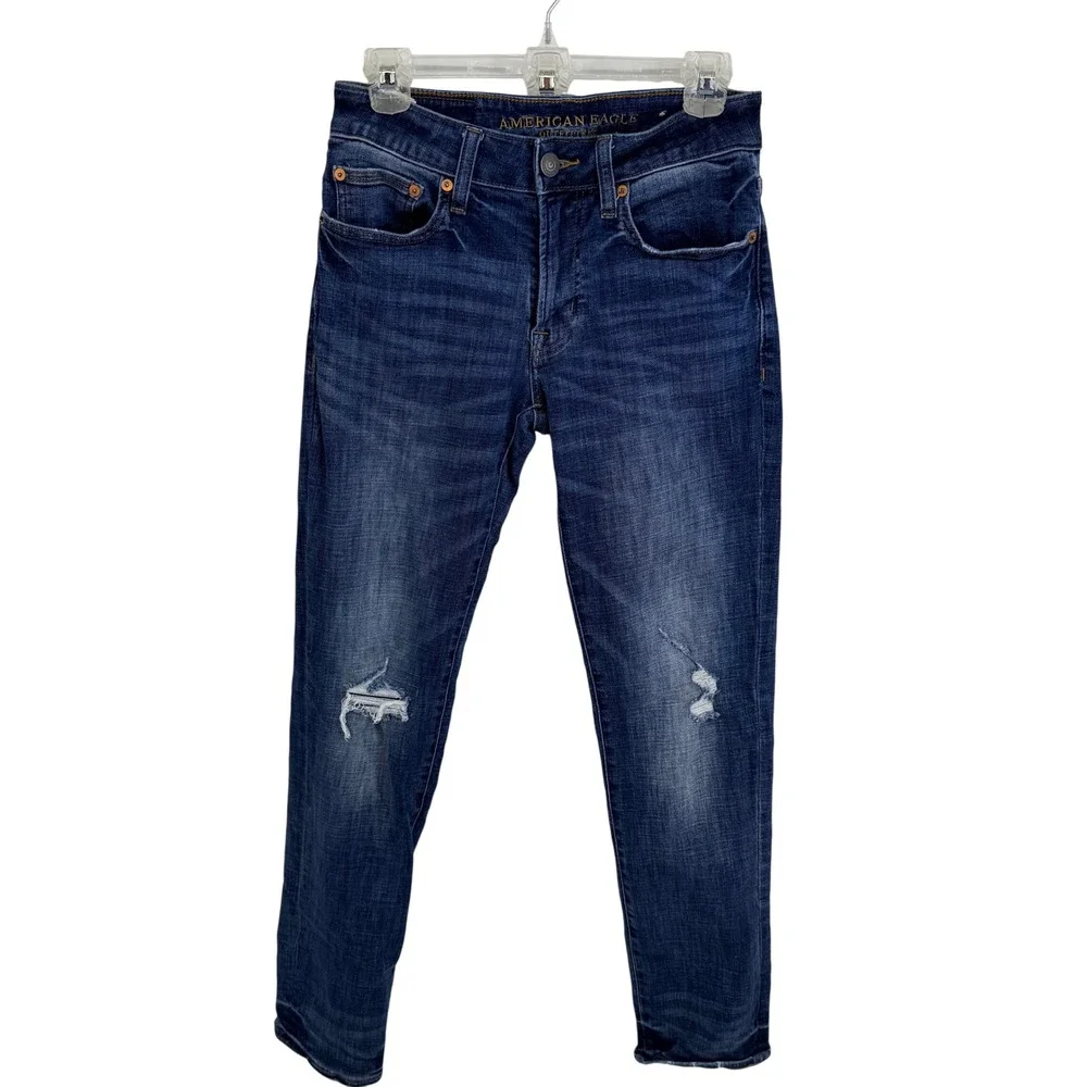 American Eagle Slim Straight Jeans Womens 28x32‎ Dark Wash Distressed Denim